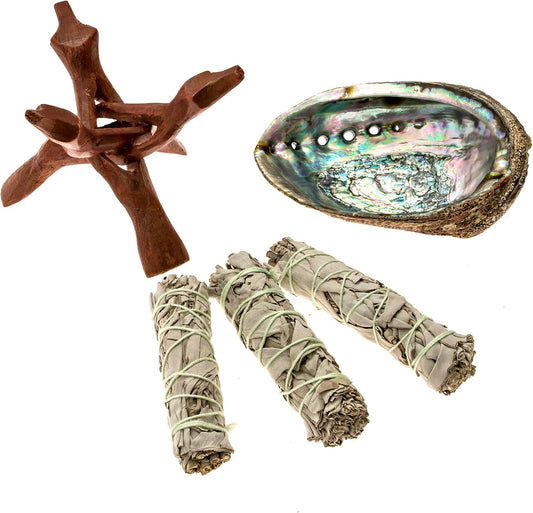 Premium Bundle with 5.5 Inch or Larger Abalone Shell, Stained Wooden Tripod Stand, and 3 California White Sage Smudge Sticks for Incense Burning, Home Fragrance, Energy Clearing, Yoga, Meditation