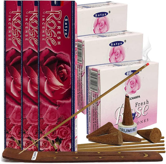 Rose Incense Sticks and Cone Incense Holder Variety Pack Bundle Insence Insense Insienso