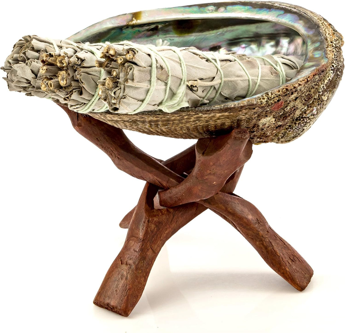 Premium Bundle with 5.5 Inch or Larger Abalone Shell, Stained Wooden Tripod Stand, and 3 California White Sage Smudge Sticks for Incense Burning, Home Fragrance, Energy Clearing, Yoga, Meditation