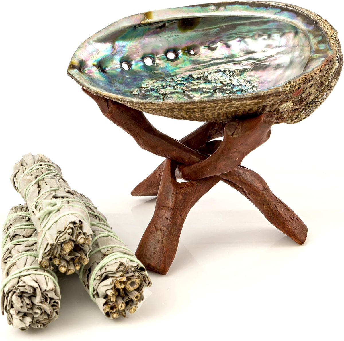 Premium Bundle with 5.5 Inch or Larger Abalone Shell, Stained Wooden Tripod Stand, and 3 California White Sage Smudge Sticks for Incense Burning, Home Fragrance, Energy Clearing, Yoga, Meditation