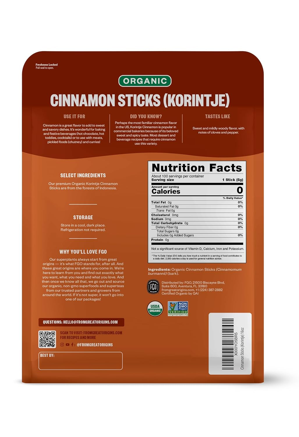 Organic Cinnamon Sticks Whole, 16Oz Bulk Resealable Pouch, 100+ Sticks, 2 ¾” Stick Size, Raw Spice from Indonesia (Korintje), Great for Tea, Desserts or Cooking, Non-Gmo (Pack of 1)