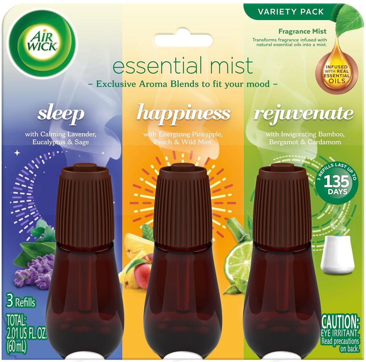 Essential Mist Refill, 3 Ct Multipack, Sleep, Happiness, Rejuvenate, Essential Oils Diffuser, Air Freshener