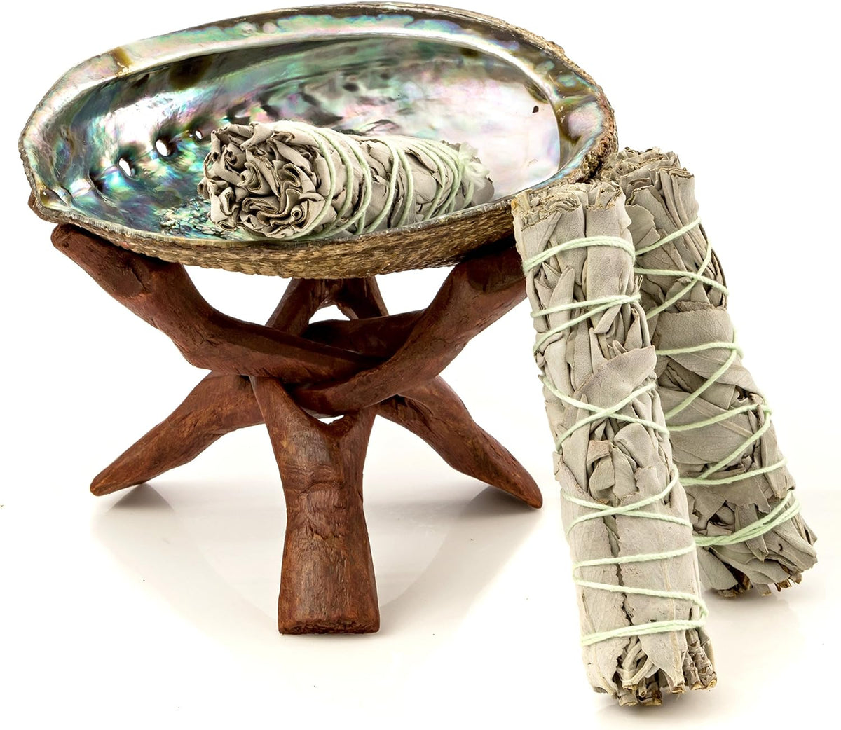Premium Bundle with 5.5 Inch or Larger Abalone Shell, Stained Wooden Tripod Stand, and 3 California White Sage Smudge Sticks for Incense Burning, Home Fragrance, Energy Clearing, Yoga, Meditation