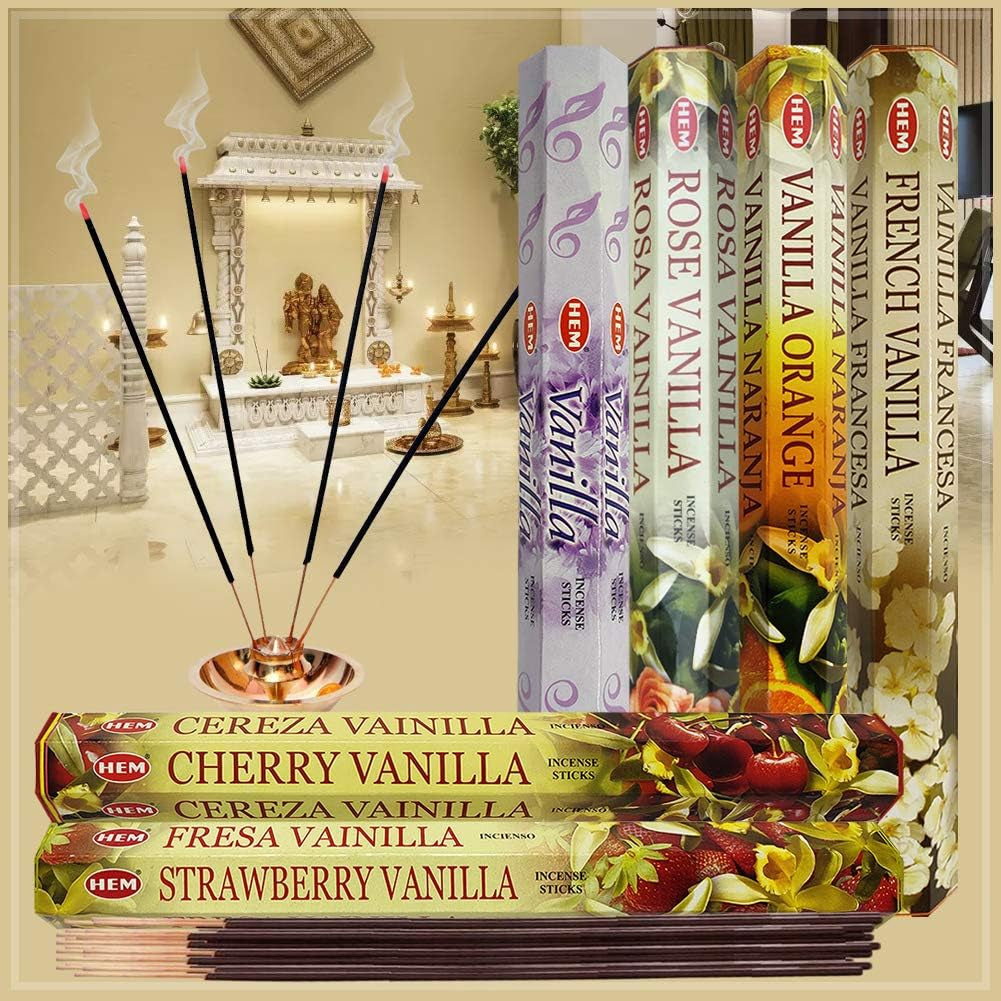 Hem Incense Sticks Variety Pack #18 and Incense Stick Holder Bundle with 6 Vanilla Fragrances
