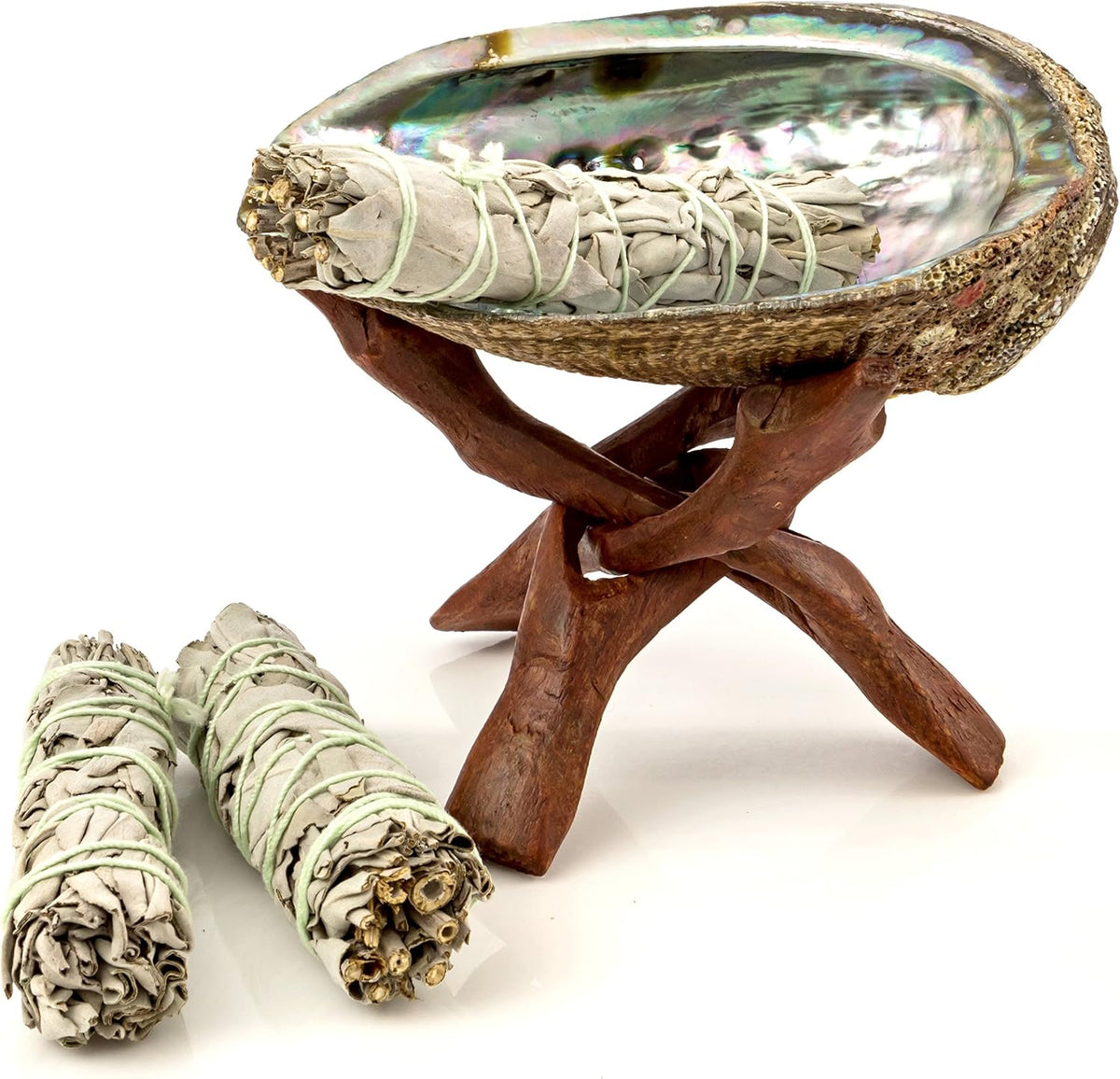 Premium Bundle with 5.5 Inch or Larger Abalone Shell, Stained Wooden Tripod Stand, and 3 California White Sage Smudge Sticks for Incense Burning, Home Fragrance, Energy Clearing, Yoga, Meditation